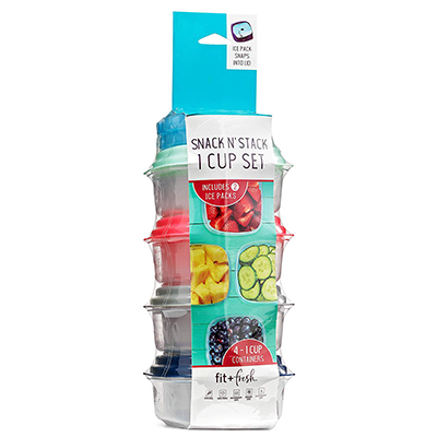 FIT & FRESH<sup>&reg;</sup> Snack N' Stack 1 Cup Container Set - Set of 4 one-cup containers with lids.  Also includes 2 snap-in ice packs.  Ice packs are non-toxic and freezer safe.  Plastic containers are BPA free,  microwave, freezer and top rack dishwasher safe. Lid color may vary. 
