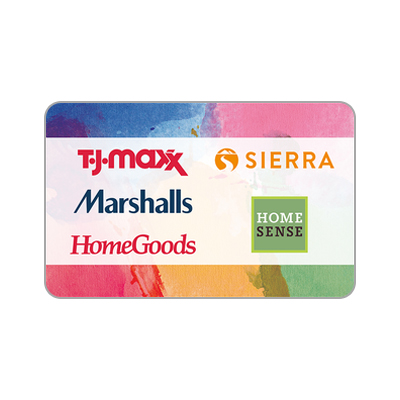 T.J.MAXX |MARSHALLS |HOMEGOODS |SIERRA <sup>&reg;</sup> $25 Gift Card - Find the brands you love at prices that work for you with a TJX gift card! Our buyers negotiate amazing deals with top designers and pass the savings to you. Departments include apparel, shoes, home, beauty, and accessories. The TJX gift card is redeemable at over 2800 T.J.Maxx, Marshalls, HomeGoods, and Sierra stores (in the U.S. and Puerto Rico) and online at tjmaxx.com and sierra.com. 